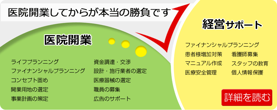 医院開業してからが本当の勝負です。FPサービスはファイナンシャルプランニングや増患対策、マニュアル作成、スタッフ採用、医療法人化など経営サポートを得意としている会社です。